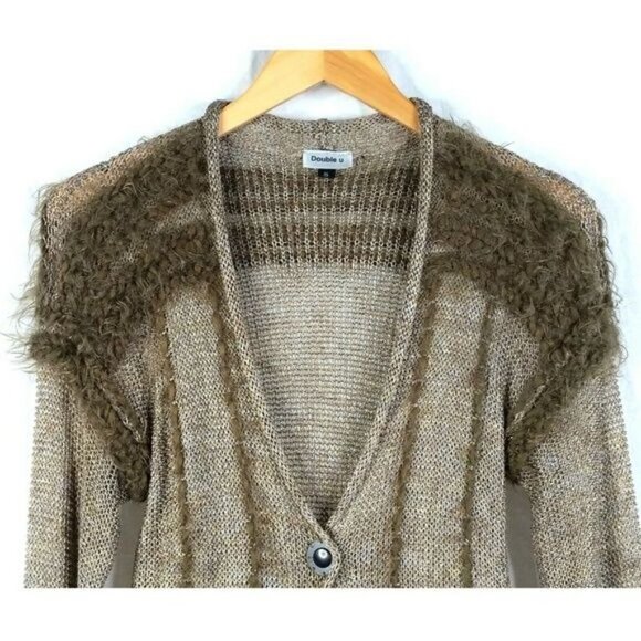 Double U Cardigan Sweater Womens S Long Sleeve Snap Front Green Gold Open Knit - Picture 4 of 6